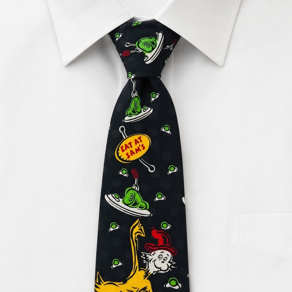 Dr. Seuss Green Eggs and Ham Silk Tie Mens 58" Black Sam-I-Am Vintage 1994
